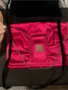 BCBGeneration Fuchsia Satin Ruched Clutch with Gold Chain